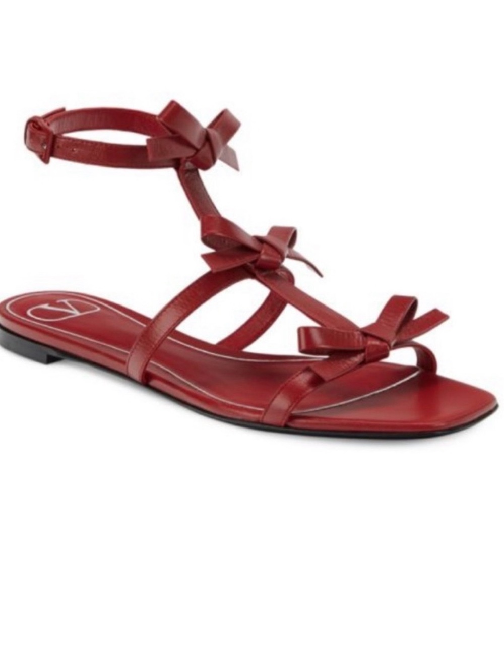Valentino Red Leather Bow-Strap Ankle Flat Sandals
